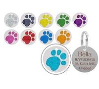 Personalised Engraved Round Glitter Paw Print Dog/Cat Pet ID Tag Small/Large (36mm - Extra Large, Turquoise)