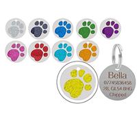 Personalised Engraved Round Glitter Paw Print Dog/Cat Pet ID Tag Small/Large (36mm - Extra Large, Yellow)