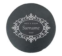 Personalised Engraved Round Slate Cheeseboard with Mr and Mrs Design, Personalise with Any Name and Year, Perfect for Weddings and Anniversaries