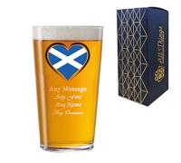 Personalised Engraved Scotland Flag Pint Glass, Gift Boxed, Beer Gift, 20oz Pub Glass, Any Text, Custom Heart Design Beer Glass, Fathers Day