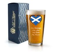 Personalised Engraved Scotland Flag Pint Glass, Gift Boxed, Beer Gift, 20oz Pub Glass, Any Text, Custom Heart Design Beer Glass, Fathers