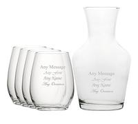 Personalised Engraved Set of 4 Stemless Wine Glass and 1 Litre Vin Carafe Set, Customise with Any Message for Any Occasion, Stylize from a Variety of Fonts, Gift Boxes Included, Laser Engraved