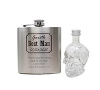 Personalised Engraved Silver Hip Flask & Miniature - Best Man Wedding Design (Skull Vodka/No Gift Box)