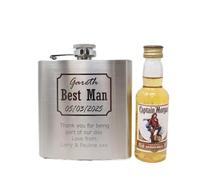 Personalised Engraved Silver Hip Flask & Miniature - Best Man Wedding Design (Spiced Rum/No Gift Box)