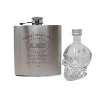 Personalised Engraved Silver Hip Flask & Miniature - Father's Day Design (Skull Vodka/No Gift Box)