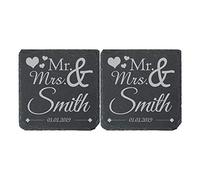 Personalised Engraved Square Slate Wedding Coaster Mr&Mrs with Hearts Set of 2