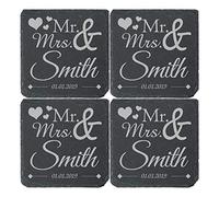 Personalised Engraved Square Slate Wedding Coaster Mr&Mrs with Hearts Set of 4