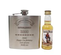Personalised Engraved Stainless Steel Silver Hip Flask & Miniature Alcohol Bottle - Established Birthday Design - 40th 50th Birthday Gift for Dad/Grandad (Spiced Rum/No Gift Box)