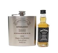Personalised Engraved Stainless Steel Silver Hip Flask & Miniature Alcohol Bottle of Jack - Established Birthday Design - 40th 50th 60th Birthday Gift for Dad/Grandad (Tennessee Whiskey/No Gift Box)