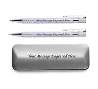 Personalised Engraved Stylish Pen And Pencil Set In Matching Colour Presentation Box - Perfect Anniversary Or Any Gift Idea For Men And Women - Custom Text (Silver)