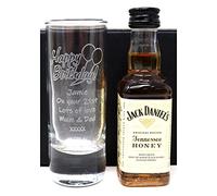 Personalised Engraved Tall Shot Glass & Miniature Alcohol Gift Set For Son's 18th Birthday & Daughter's 21st Birthday - Birthday Design (Honey Whiskey)