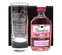 Personalised Engraved Tall Shot Glass & Miniature - Birthday Design (Gordon's Premium Pink Gin)