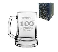 Personalised Engraved Tankard Beer Mug Stein Happy 100th Birthday Pixelated Design Gift Boxed, 16.75oz/495ml Classic Beer Glass, Any Name, Engraved in The UK