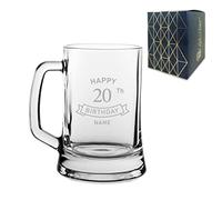 Personalised Engraved Tankard Beer Mug Stein Happy 20th Birthday Banner Design Gift Boxed, 16.75oz/495ml Classic Beer Glass, Any Name, Engraved in The UK