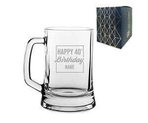 Personalised Engraved Tankard Beer Mug Stein Happy 40th Birthday Square Design Gift Boxed, 16.75oz/495ml Classic Beer Glass, Any Name, Engraved in The UK