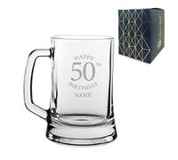Personalised Engraved Tankard Beer Mug Stein Happy 50th Birthday Classic Design Gift Boxed, 16.75oz/495ml Classic Beer Glass, Any Name, Engraved in The UK