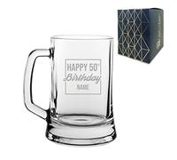 Personalised Engraved Tankard Beer Mug Stein Happy 50th Birthday Square Design Gift Boxed, 16.75oz/495ml Classic Beer Glass, Any Name, Engraved in The UK