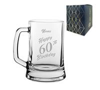 Personalised Engraved Tankard Beer Mug Stein Happy 60th Birthday Slanted Design Gift Boxed, 16.75oz/495ml Classic Beer Glass, Any Name, Engraved in The UK