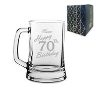 Personalised Engraved Tankard Beer Mug Stein Happy 70th Birthday Handwritten Design Gift Boxed, 16.75oz/495ml Classic Beer Glass, Any Name, Engraved in The UK