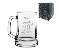 Personalised Engraved Tankard Beer Mug Stein Happy 70th Birthday Slanted Design Gift Boxed, 16.75oz/495ml Classic Beer Glass, Any Name, Engraved in The UK