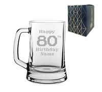 Personalised Engraved Tankard Beer Mug Stein Happy 80th Birthday Pixelated Design Gift Boxed, 16.75oz/495ml Classic Beer Glass, Any Name, Engraved in The UK