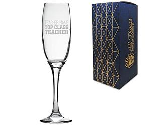 Personalised Engraved Teacher Gift Champagne Prosecco Flute with Top Class Teacher Design, Personalise with Any Name, Gift Box Included, Laser Engraved, Teacher End of Term School Gift