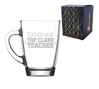 Personalised Engraved Teacher Gift Glass Coffee Hot Drinks Tea Mug with Top Class Teacher Design, Personalise with Any Name, Gift Box Included, Laser Engraved, Teacher End of Term School Gift