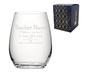 Personalised Engraved Teacher Gift Stemless Wine Glass with A Big Heart Shapes Little Minds Design, Personalise with Any Name and Message, Gift Box Included, Laser Engraved