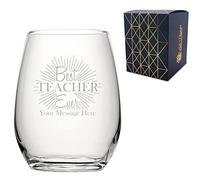 Personalised Engraved Teacher Gift Stemless Wine Glass with Best Teacher Ever Design, Personalise with Any Message, Gift Box Included, Laser Engraved, Teacher End of Term School Gift