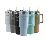 Personalised Engraved Thermal Tumbler, 40oz/1135ml Insulated Travel Cup, Large Light Blue Travel Coffee Mug, Customise with Any Message and Font, Stainless Steel, Straw and Handle