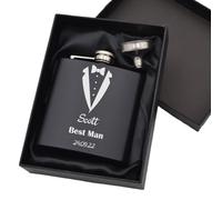 Personalised Engraved Tuxedo Hip Flask - Custom Names & Dates, Stainless Steel - 6oz - Wedding Gift for Groomsmen, Best Man, Usher