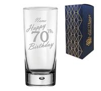 Personalised Engraved Vodka Hiball Glass, Happy 70th Birthday Handwritten Design, Rum Glass, 13oz or 365ml Capacity, Customise with Any Name, Gift Boxed
