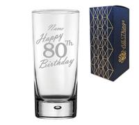 Personalised Engraved Vodka Hiball Glass, Happy 80th Birthday Handwritten Design, Rum Glass, 13oz or 365ml Capacity, Customise with Any Name, Gift Boxed