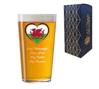 Personalised Engraved Wales Flag Pint Glass, Gift Boxed, Beer Gift, 20oz Pub Glass, Any Text, Custom Heart Design Beer Glass, Fathers Day