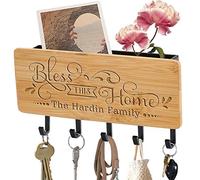 Personalised Engraved Wall Mounted Key and Letter Holder - Small Bamboo Organizer for Entryway, Hallway, Kitchen - Hooks for Keys (Bless This Home)