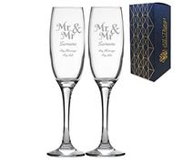 Personalised Engraved Wedding Champagne Glass Set with Mr and Mr, Any Message and Any Date, Two 7oz/207ml Custom Champagne Glasses, Engraved in The UK