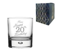 Personalised Engraved Whisky Glass, Happy 20th Birthday Handwritten Design, Bubble Whisky Glass, 11.5oz or 330ml Capacity, Customise with Any Name, Gift Boxed