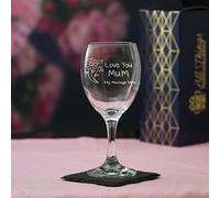 Personalised Engraved Wine Glass 12oz with Love You Mum Flower Design Gift Boxed, Birthday Gift for Mum, Mothers Day Gift, Laser Engraved and Gift Boxed in The UK
