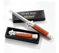 Personalised Engraving Folding Pocket Beard Comb for Men Custom Stainless Steel Wooden Mustache Comb with Name Text for Birthday Anniversary Christmas Father Day Gifts for Boyfriend Father Best Man