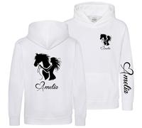 Personalised Equestrian Girls Hoodie Horse Rider Horses Riding Custom Sleeve Back Print Kids Hooded Top, 12-13 Years, White