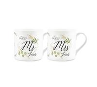 Personalised Established Mr & Mrs Mugs Set - Custom Eucalytpus Theme Wedding Couple Gifts - Green & Gold Bone China Tea/Coffee Cups Presents