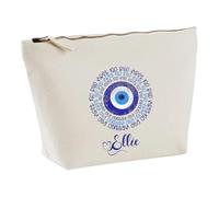 Personalised Evil Eye Canvas Cosmetic Bag, 'No Bad Vibes' Design, Large Travel Makeup Pouch for Holidays