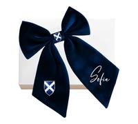 Personalised Extra Large Navy Blue Velvet Bow, Scotland Saltire Badge, Hair Accessory