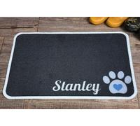 Personalised Extra Large Pet Feeding Mat | Machine Washable & Absorbent Carpet Pile | Non-Slip Backing | Little Paw Blue