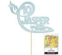 Personalised F1 Motor Racing Car Glitter Cake Topper - Light Blue Custom Age & Name Glitter Cake Decoration and Sprinkles - Happy Birthday Decorations - Personalised Toppers for Cakes by Cakeshop
