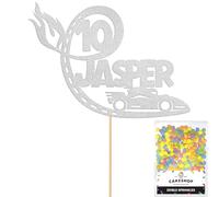 Personalised F1 Motor Racing Car Glitter Cake Topper - Light Silver Custom Age & Name Glitter Cake Decoration and Sprinkles - Happy Birthday Decorations - Personalised Toppers for Cakes by Cakeshop
