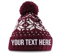 Personalised Fair Isle Christmas Knit Pom Pom Beanie Custom Text Embroidery Bobble Hat Xmas Theme Pattern Winter Men Women, One Size, Burgundy/White