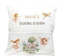 Personalised Fairy Forest Reading Cushion for Girls | Custom Name Pocket Pillow with Magical Mushroom & Frog | Story Time Gift for Kids Nursery Decor 40x40cm