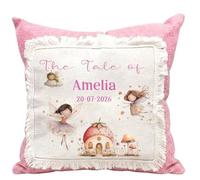 Personalised Fairy Garden Nursery Cushion - Custom Name Decorative Room Decor - Pink Linen Textured Accent Pillow for Girls Bedroom - Enchanted Tale Theme Keepsake