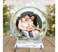 Personalised Family 2D Flat Snowglobe Photo Plaque - Custom Acrylic Freestanding Christmas Keepsake Ornament - Upload Own Photo & Family Name For a Custom Gift (Green)